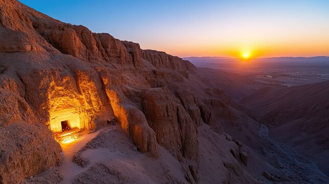 Desert tomb entrance with fading light at sunset, historic Valley of the Kings landscape
