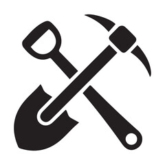 Shovel and pickaxe icon. Vector Black silhouettes icon isolated on white background. Shovel and pick axe. Simple icon. Web site page and mobile app design element.