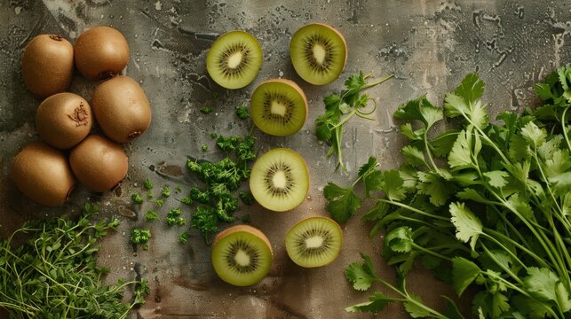 Sliced kiwi and fresh cilantro on rustic background
