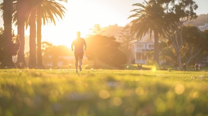 Dynamic scene of a runner in the park with ample space for text on the left side