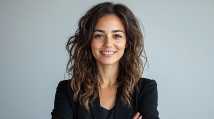 Fototapeta premium Confident woman in black blazer smiles against a gray background. Use for business, leadership, or professional success concepts.