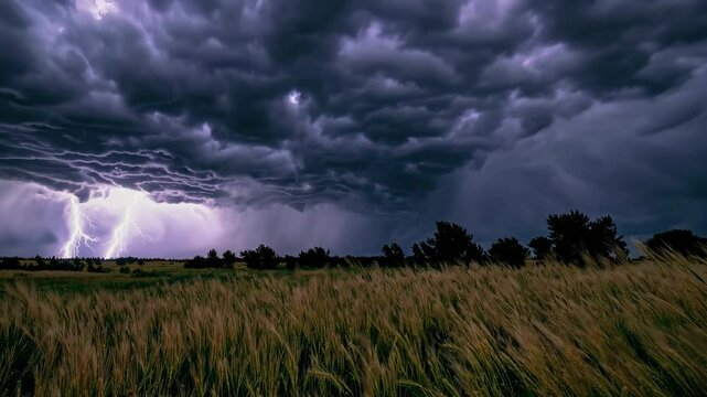 Powerful storm brews over golden fields as lightning dances in the sky during an intense summer evening