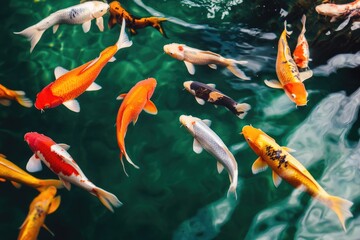 Koi fish swim in a dark teal pond