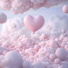 Pink heart balloon floating in pastel clouds