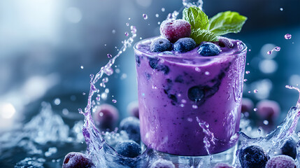  Blueberry smoothie splash, frozen berries, dynamic liquid motion