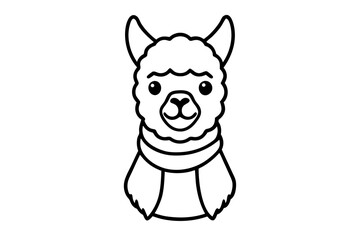 Cute Alpaca Head with Scarf Line Art Vector