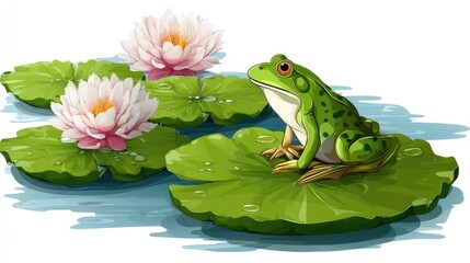 Vibrant frog resting on lily pads, surrounded by blossoms.