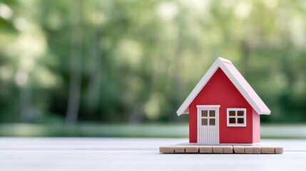 Miniature red house on a white surface, amidst a blurred natural background