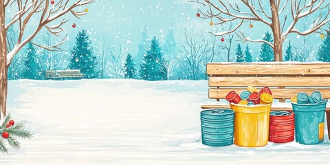 Snowy landscape featuring colorful trash bins and a wooden bench among trees.