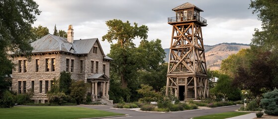 Stone building and wooden tower. Lush green grounds and a scenic mountain backdrop