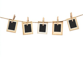 Rustic Frames Hanging on Jute Twine with Wooden Clothespins on White Backdrop