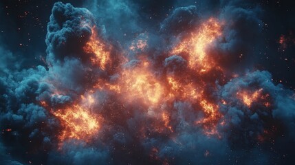 Fototapeta premium Dramatic scene of blue clouds with orange fire burst effect. Use for backgrounds, design, visual effects, or abstract concepts.