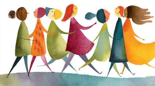 A vibrant illustration of diverse women walking together, showcasing friendship and unity through colorful, playful designs.