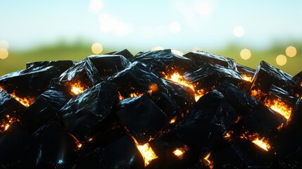 Close-Up of Glowing Charcoal Pile with Sparkling Bokeh Effect