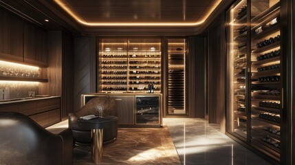 Elegant wine cellar with shelves and cozy seating area