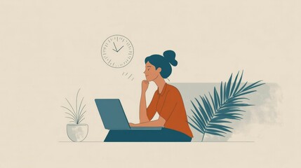 Fototapeta premium Illustration of a thinking businessman with a laptop. thoughtful businessman making decisions. overtime and long working hours
