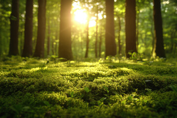 Sunlight filters through dense forest canopy, illuminating vibrant green moss covering tree trunks and creating a serene, enchanted woodland.