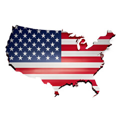 USA map silhouette with flag overlay &mdash; white background, high resolution, isolated, PNG style