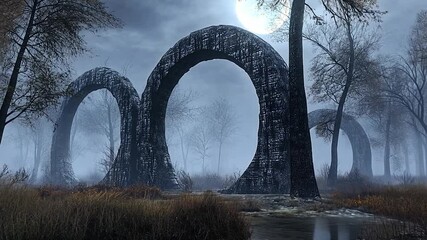 Mysterious stone arches under a full moon in a foggy forest at night, evoking intrigue