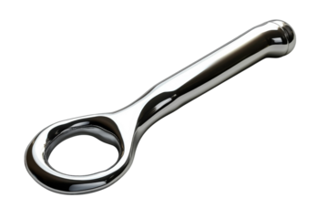 Sleek chrome hand held massager ergonomically designed for comfortable grip reflecting light beautifully on a pure black background a on transparent background