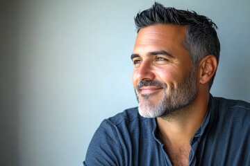 Obraz premium Pure white solid background. A modern hairstyle complementing a stylish gentleman. Classy men's side part haircut - midlife white man with black hair. Visual idea of style for aging men.