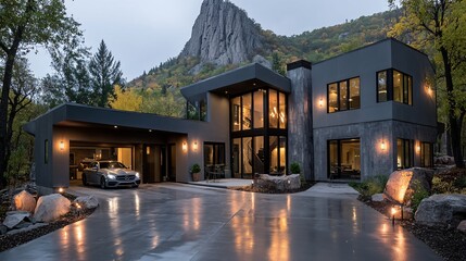 Fototapeta premium Modern House Design with Mountain View and Sleek Car in Driveway