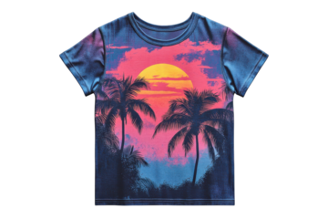 Vibrant sunset palm tree graphic tee showcasing a stunning tropical scene with bold colors and a nostalgic 80s vibe Perfect for summer on transparent background