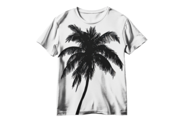 Stylish white t shirt featuring a bold black palm tree graphic design perfect for summer A tropical escape for your wardrobe High quality on transparent background