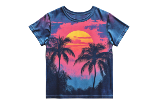 Vibrant sunset palm tree graphic tee showcasing a stunning tropical scene with bold colors and a nostalgic 80s vibe Perfect for summer on transparent background