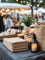 Cozy outdoor market scene featuring handmade goods, candles, and plants under soft lighting