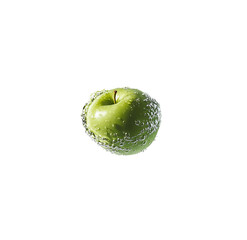 Green apple with green leaf and half slice flying in the air isolated on white background.