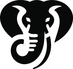 Bold tribal elephant head in black with curved tusks, large ears, and a stylized curled trunk. Symmetrical vector design on white background, symbolizing wisdom, strength, and memory great for logos