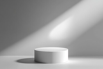 Fototapeta premium Clean White Cylinder Podium Stage with Soft Sunlight and Shadows on Gray Background