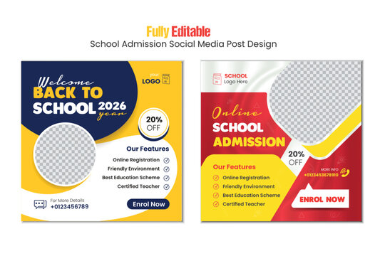 Kids back to school education admission social media post design template