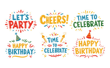 Fototapeta premium Six vibrant graphics with celebratory phrases like 