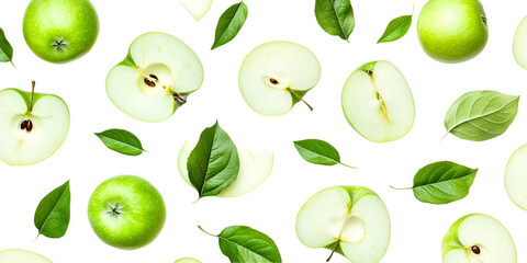 Green apple with green leaf and half slice flying in the air isolated on white background.
