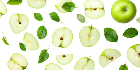 Green apple with green leaf and half slice flying in the air isolated on white background.