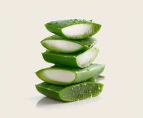 Stack of fresh aloe vera slices, green and juicy isolated on white background
