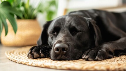A peaceful black dog sleeping on a woven mat near a green plant in a cozy indoor setting