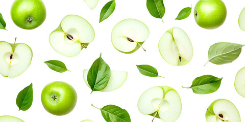 Green apple with green leaf and half slice flying in the air isolated on white background.