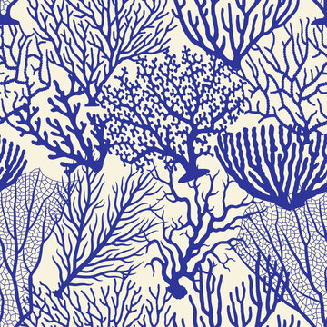 Seamless hand drawn pattern with various coral reef shapes. Vector blue illustration on ivory background
