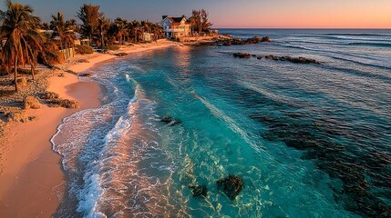 Serene Tropical Beach at Sunset with Gentle Waves and Coconut Trees