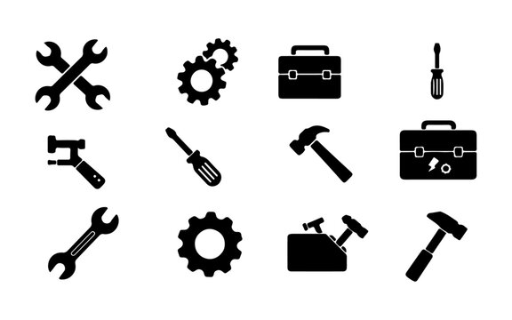 Repair tools icon set in black and white, including wrench, gear, toolbox, screwdriver, hammer, with clean and minimalistic vector design