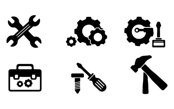 Repair tools icon set in black and white, including wrench, gear, toolbox, screwdriver, hammer, with clean and minimalistic vector design