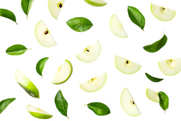 Obraz premium Green apple with green leaf and half slice flying in the air isolated on white background.