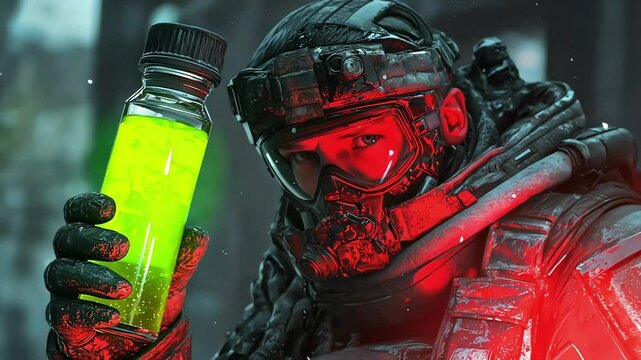 Futuristic cyber soldier in high-tech armor holding a neon green chemical tube for science fiction and technology themes