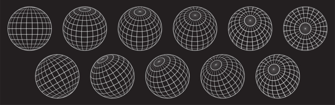 Wireframe globe grid icon vector illustration set isolated in black background