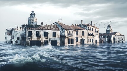 A flooded coastal city due to rising sea levels