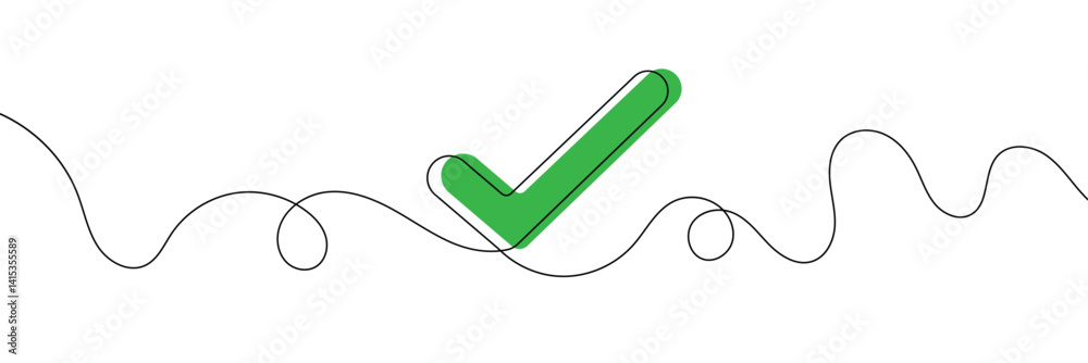 Poster continuous line drawing of check mark. tick one line icon. one line drawing background. vector illus