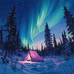 tent in the middle of the polar forest, tent in the snow, tent under the aurora in the sky, very beautiful, aurora view